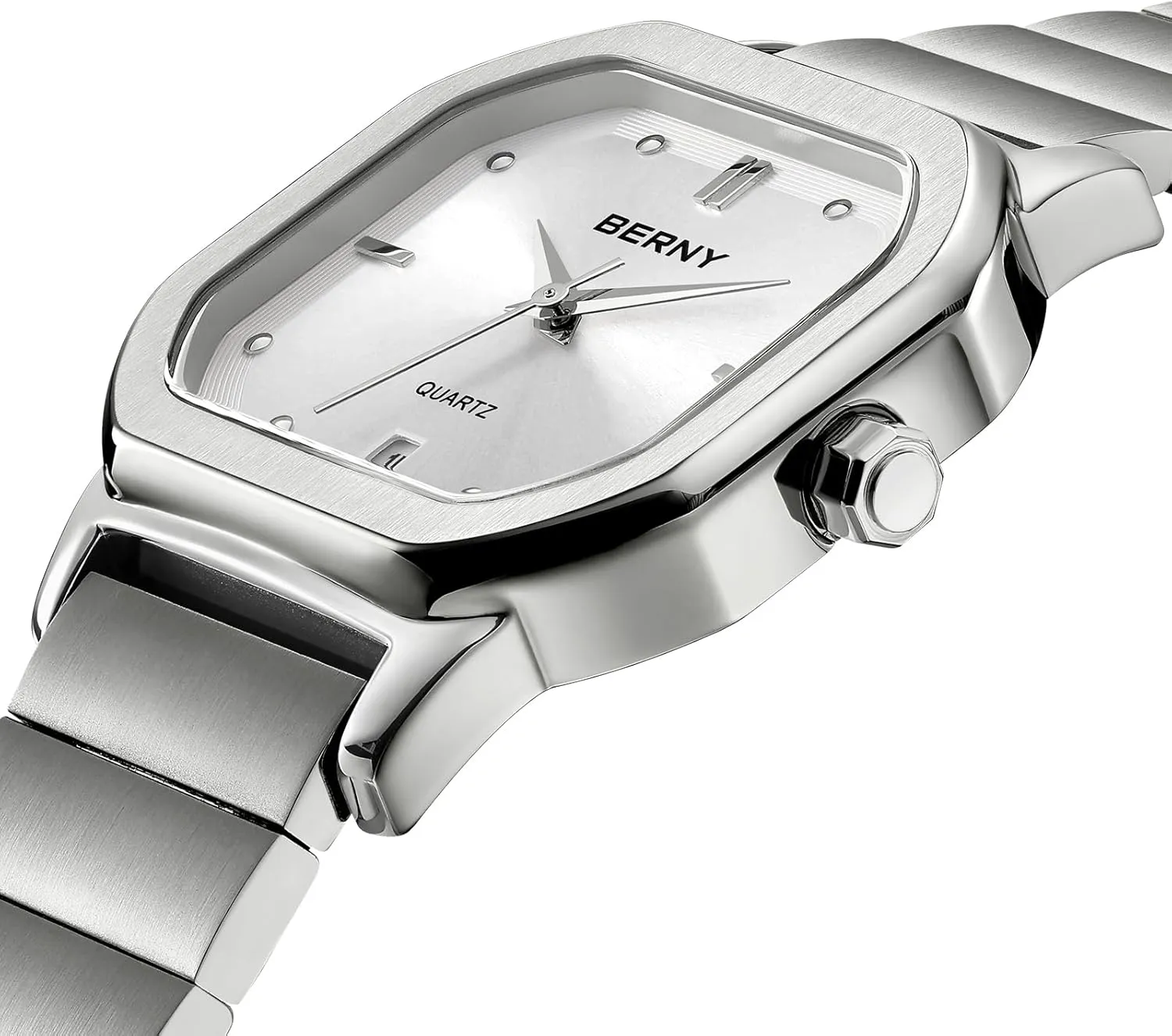 Stainless Steel Case/Watch Band BERNY Silver Watch for Men Classic Square Quartz Watch alumnus valve attendance attentive Men's Casual Analog Watches with Date Calendar Japanese Movement 