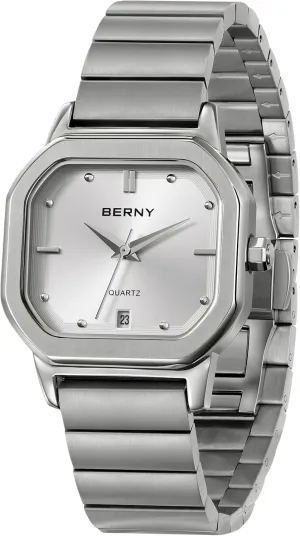 Stainless Steel Case/Watch Band BERNY Silver Watch for Men Classic Square Quartz Watch alumnus valve attendance attentive Men's Casual Analog Watches with Date Calendar Japanese Movement 