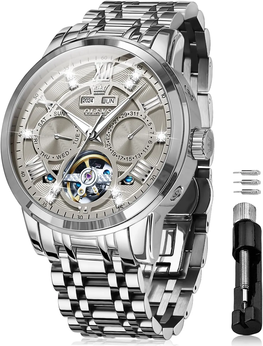Stainless Steel Diamond Men Wrist Watches OLEVS sting humor Automatic Watches for Men Self Winding Mechanical Skeleton Luxury Dress 