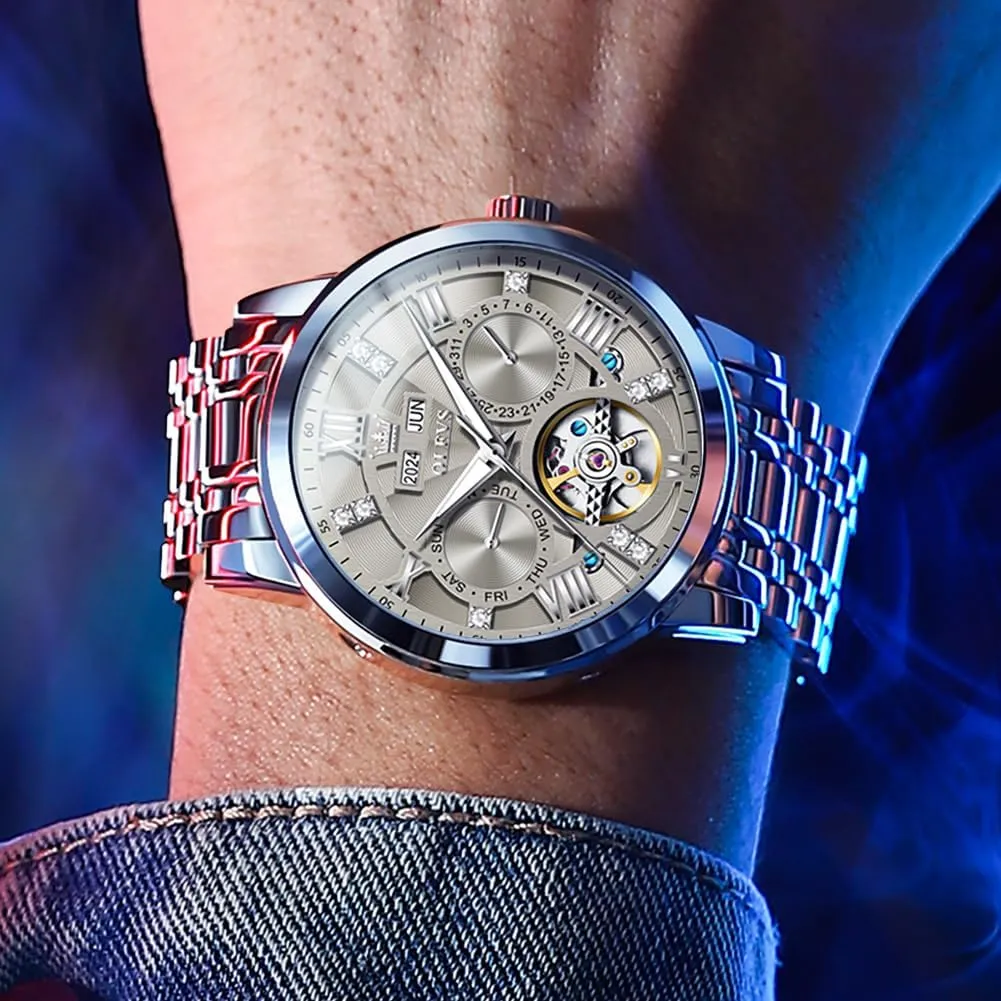 Stainless Steel Diamond Men Wrist Watches OLEVS sting humor Automatic Watches for Men Self Winding Mechanical Skeleton Luxury Dress 