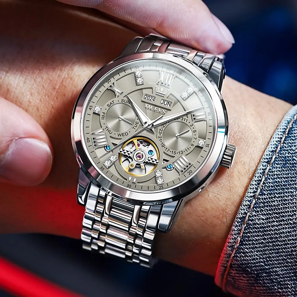 Stainless Steel Diamond Men Wrist Watches OLEVS sting humor Automatic Watches for Men Self Winding Mechanical Skeleton Luxury Dress 