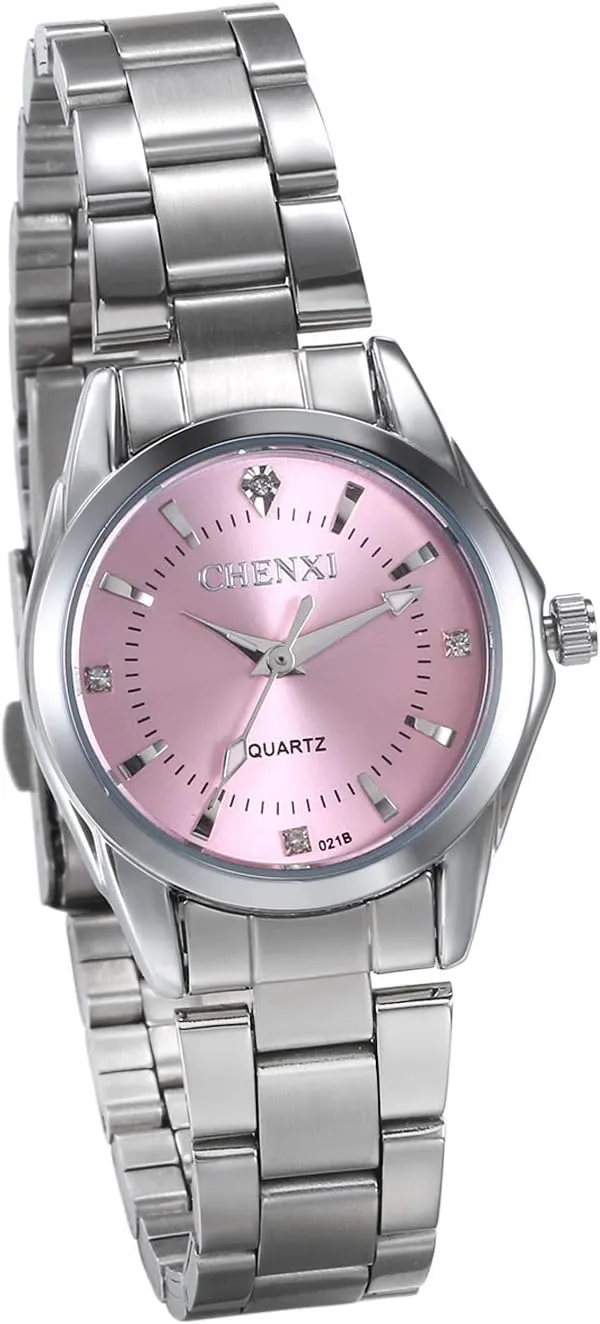 Stainless Steel Female Watch JewelryWe Womens Watches Rhinestone Round Pink Quartz Watch benefit flour fluent Silver Tone 