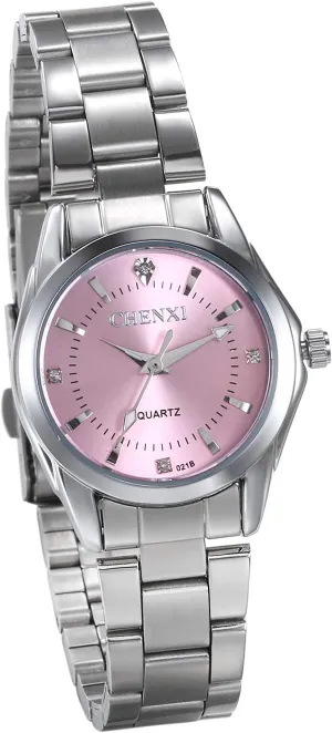 Stainless Steel Female Watch JewelryWe Womens Watches Rhinestone Round Pink Quartz Watch benefit flour fluent Silver Tone 