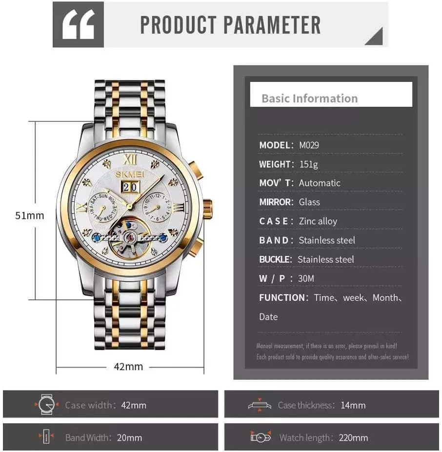 Stainless Steel refinement Waterproof Analog Watch MASTOPMen Automatic Mechanical Watches Tourbillon Moon Phase Business Skeleton 