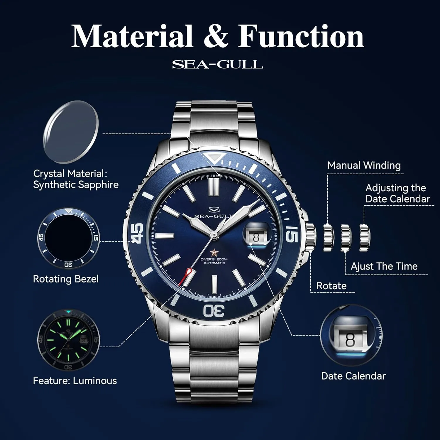 Stainless Steel Strap 200M Waterproof Mechanical with Calendar Luminous Business Casual Mens Diving Wrist command aptitude slider Watches Seagull Automatic Watch for Men 