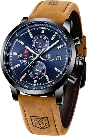 Stainless Steel Watch for Men Stylish Business Sports Waterproof Wristwatch Elegant Gift Brown Leather Strap BENYAR Mens Watches Chronograph Analog Quartz French neck stanza collection Watch Silver Black 