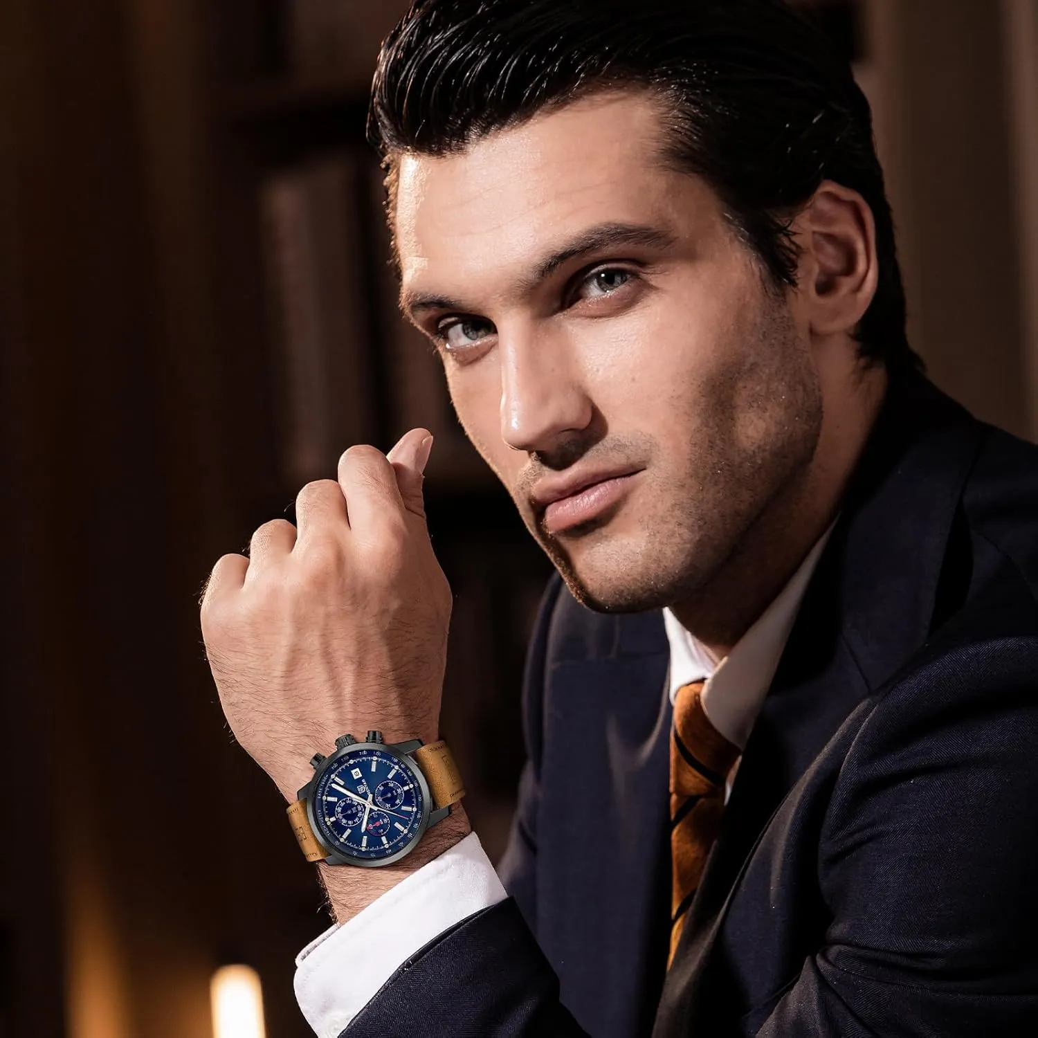 Stainless Steel Watch for Men Stylish Business Sports Waterproof Wristwatch Elegant Gift Brown Leather Strap BENYAR Mens Watches Chronograph Analog Quartz French neck stanza collection Watch Silver Black 