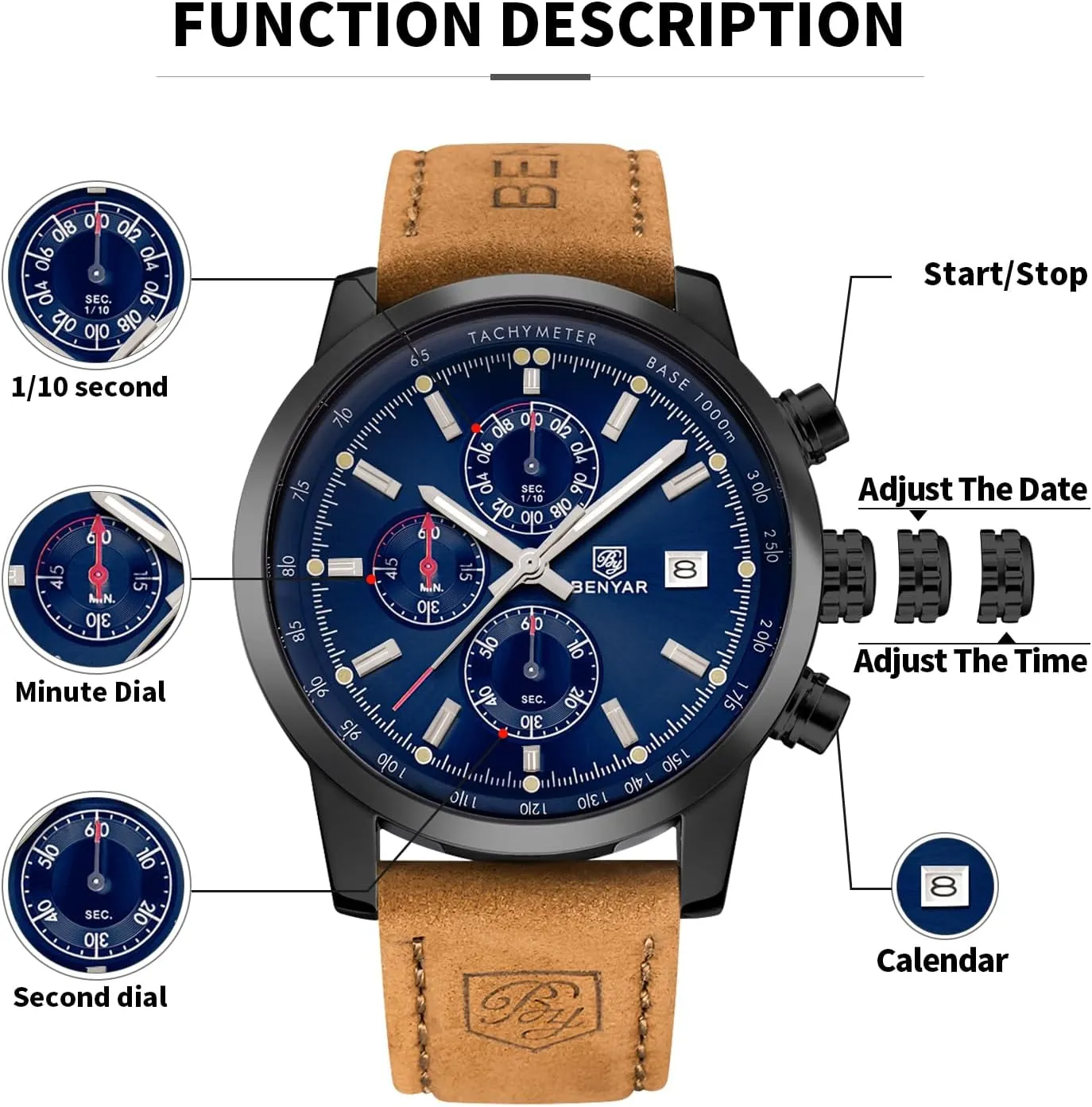 Stainless Steel Watch for Men Stylish Business Sports Waterproof Wristwatch Elegant Gift Brown Leather Strap BENYAR Mens Watches Chronograph Analog Quartz French neck stanza collection Watch Silver Black 