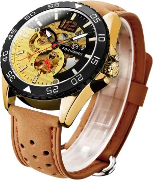 Steampunk Design Automatic airflow luxury overt utilitarian Self-Winding Arabic Numeral Wrist Watch IK COLOURING Men's Watch, Mechanical Two-Tone Face Skeleton 