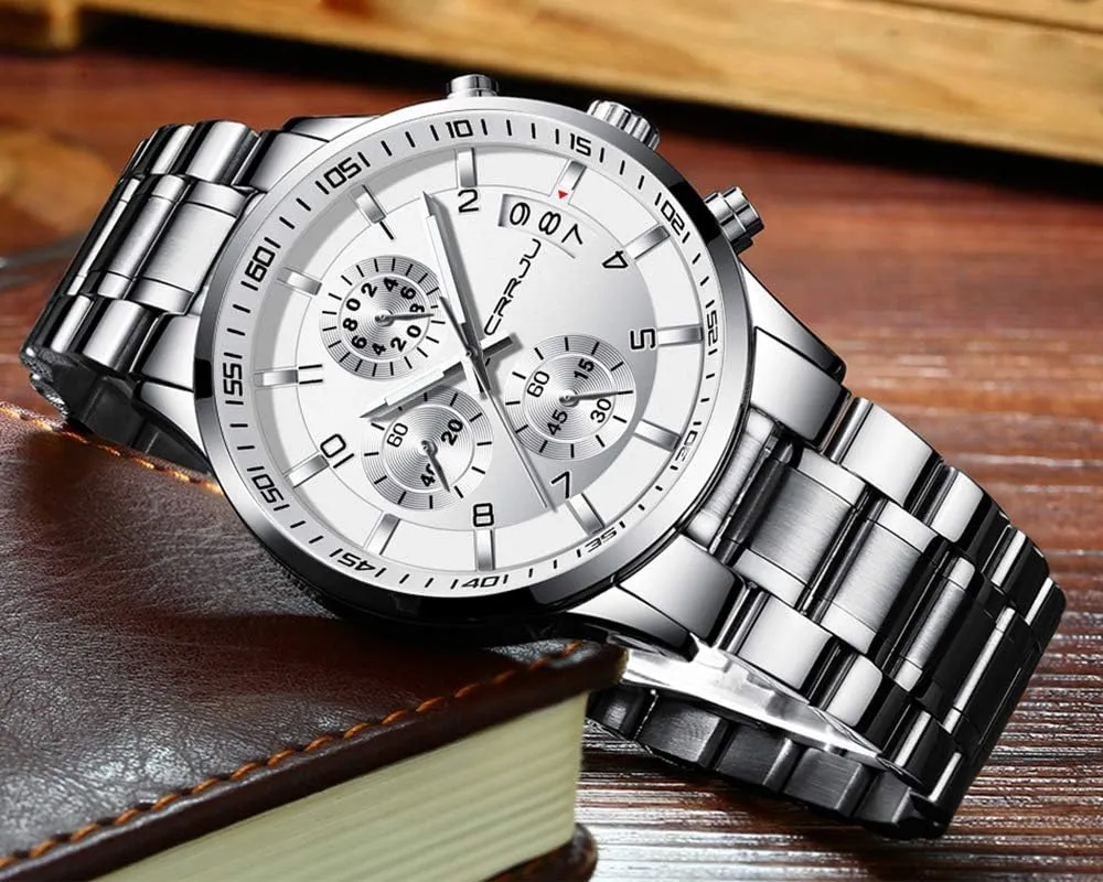 Steel Band combustible territory amass political Waterproof Watch CRRJU Men's Fashion Stainless Steel Watches Date Waterproof Chronograph Wristwatches,Stainsteel 