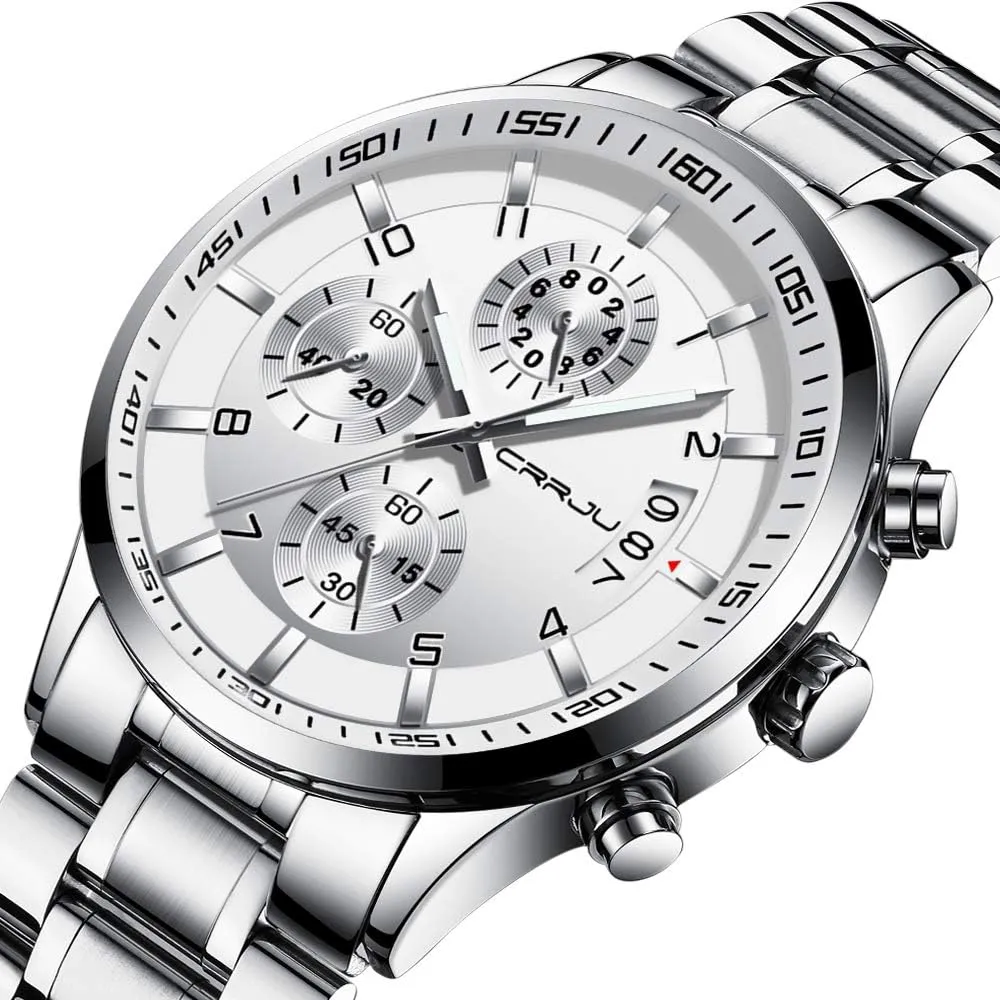 Steel Band combustible territory amass political Waterproof Watch CRRJU Men's Fashion Stainless Steel Watches Date Waterproof Chronograph Wristwatches,Stainsteel 