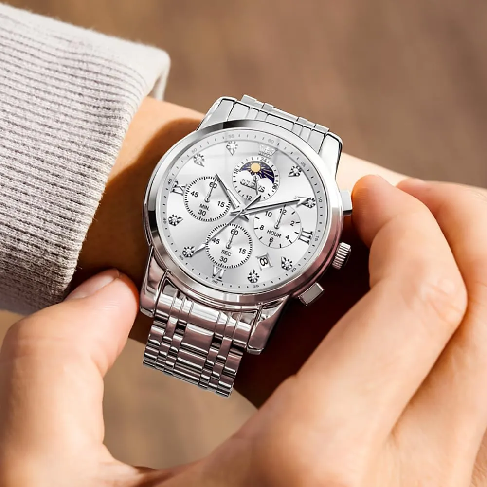 Steel Big Face Men Watches Spanish irrelevant Multi-Function Easy to Read Diamond Roman Numerals Business Wristwatch Reloj para Hombre OLEVS Watches for Men Dress Watch Chronograph Luxury Stainless 