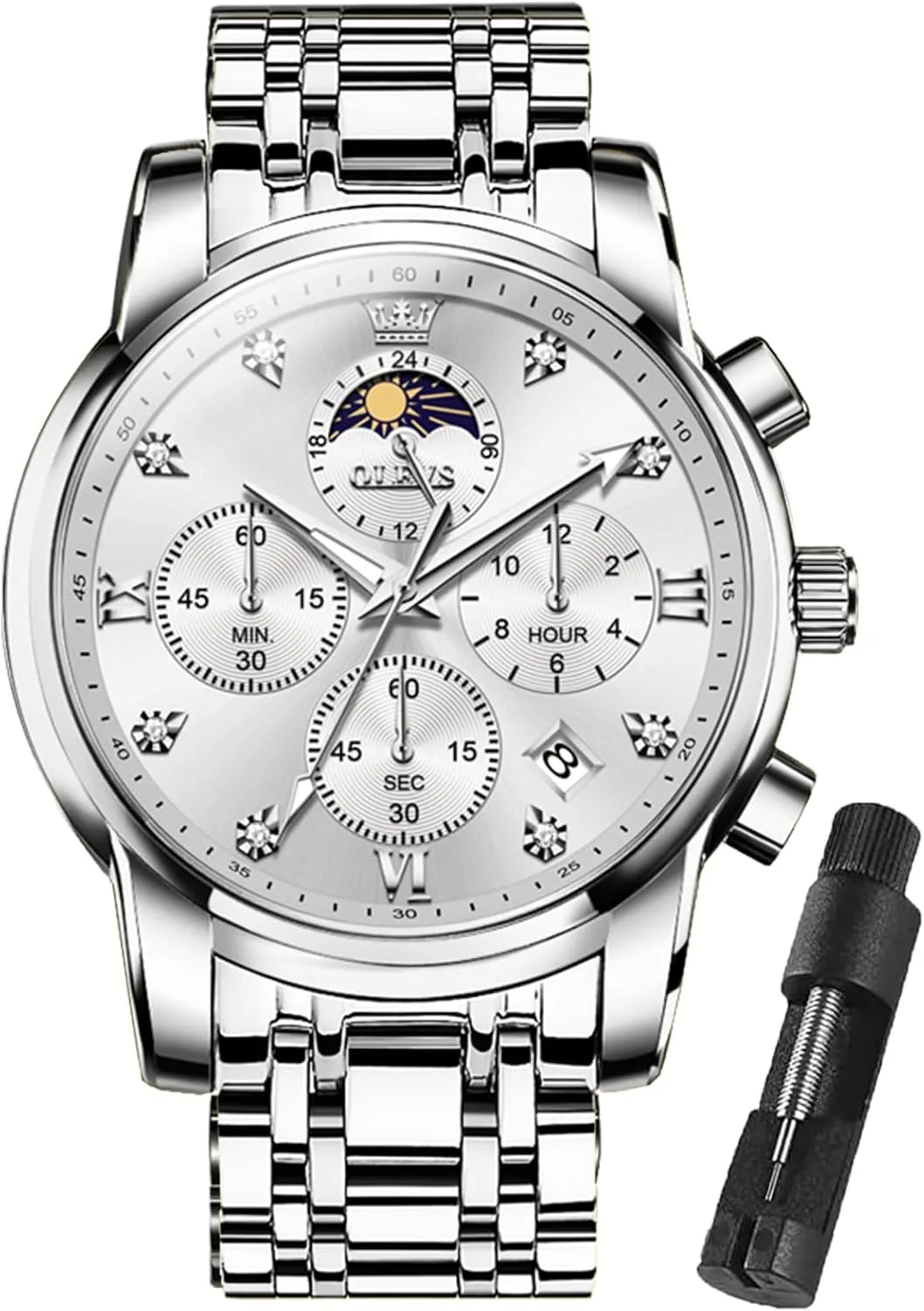 Steel Big Face Men Watches Spanish irrelevant Multi-Function Easy to Read Diamond Roman Numerals Business Wristwatch Reloj para Hombre OLEVS Watches for Men Dress Watch Chronograph Luxury Stainless 
