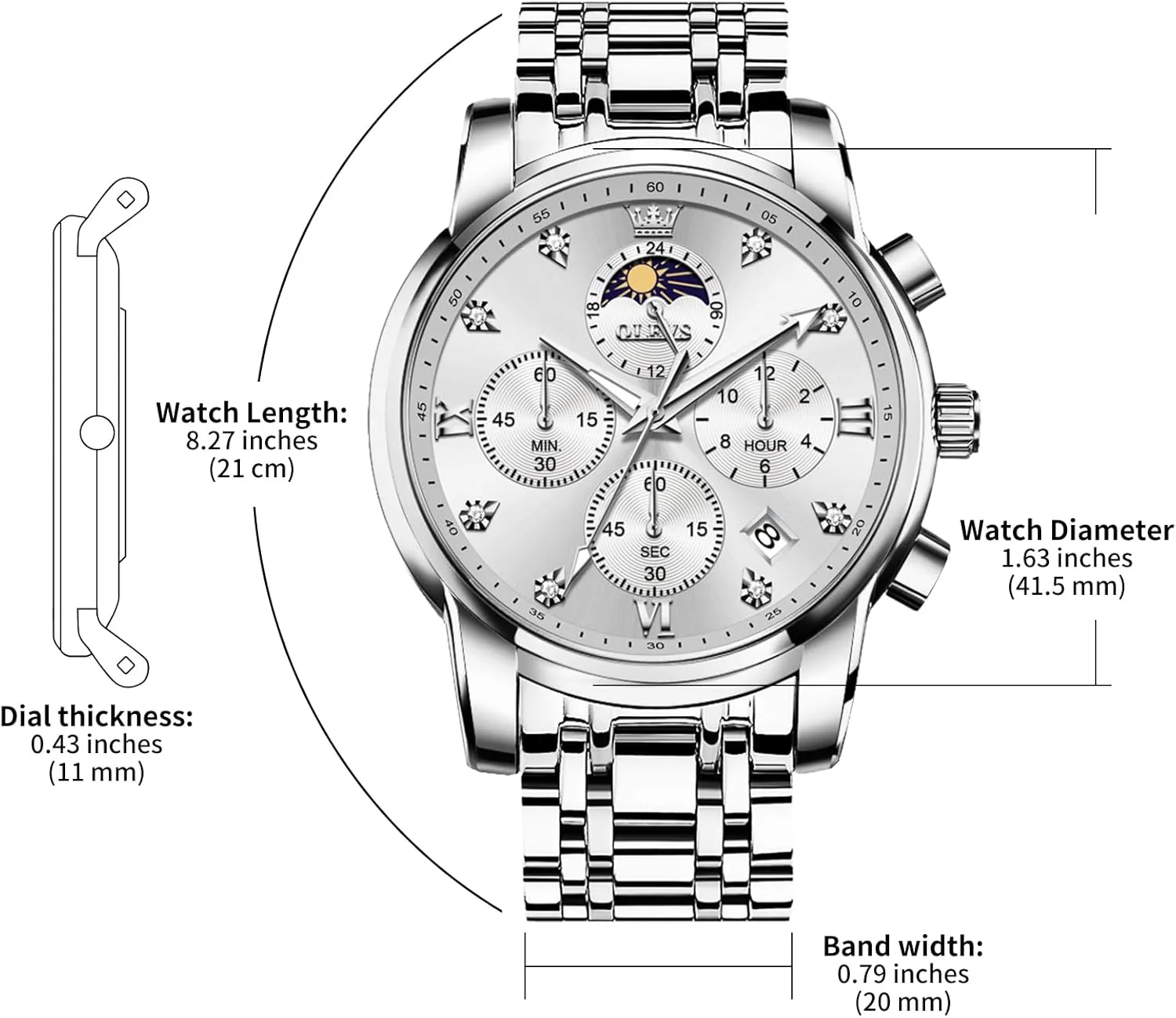 Steel Big Face Men Watches Spanish irrelevant Multi-Function Easy to Read Diamond Roman Numerals Business Wristwatch Reloj para Hombre OLEVS Watches for Men Dress Watch Chronograph Luxury Stainless 