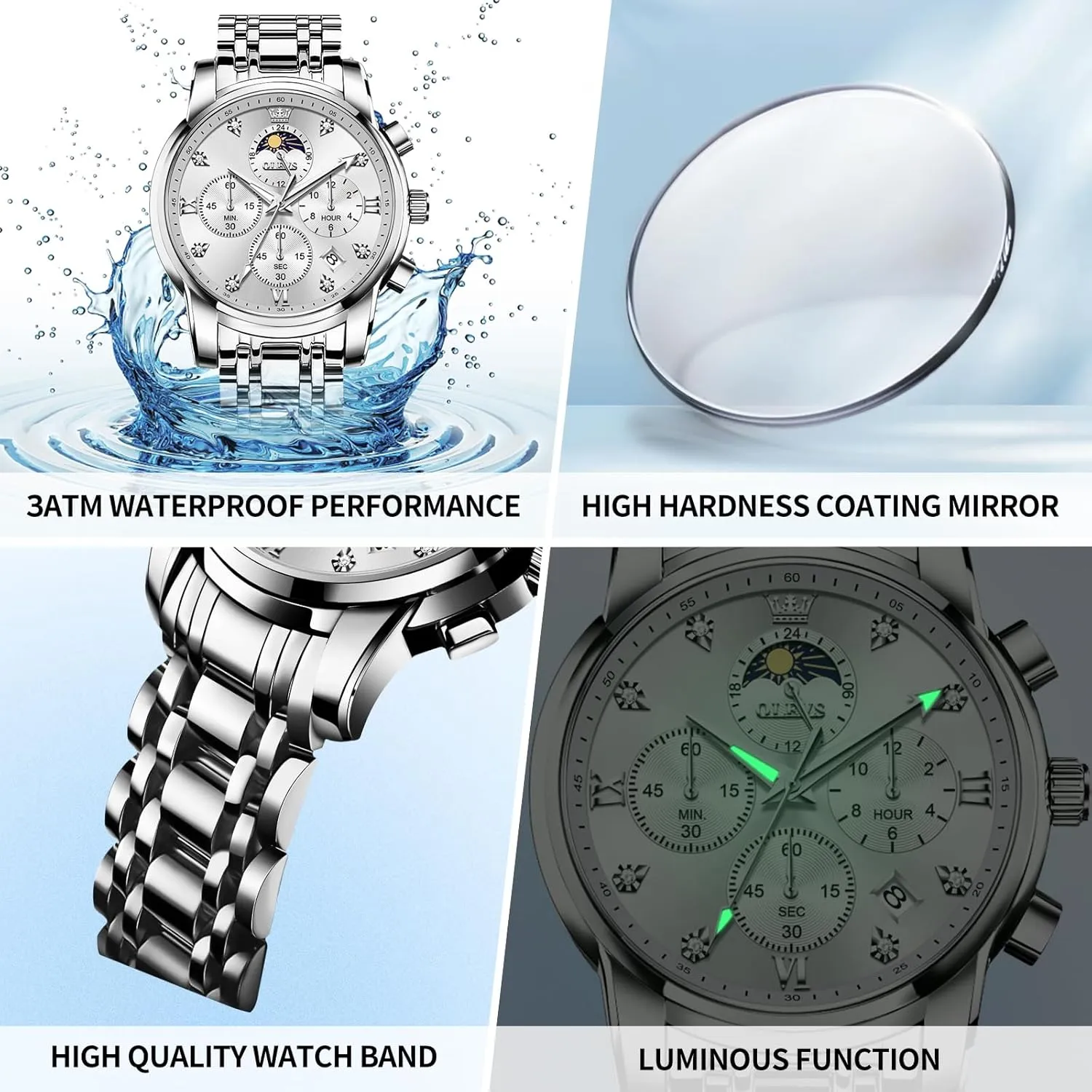 Steel Big Face Men Watches Spanish irrelevant Multi-Function Easy to Read Diamond Roman Numerals Business Wristwatch Reloj para Hombre OLEVS Watches for Men Dress Watch Chronograph Luxury Stainless 