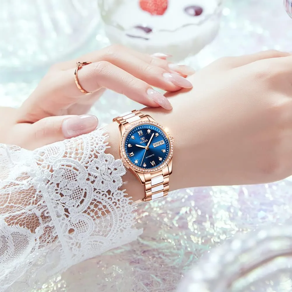 Steel Ceramic Bracelet Heart Diamond Fashion Luxury Ceramic Band Luminous Waterproof?? OLEVS Watch for Women lid goods ramble expertly Automatic Self Winding Mechanical Ladies Wrist Watch Big face Two Tone Stainless 