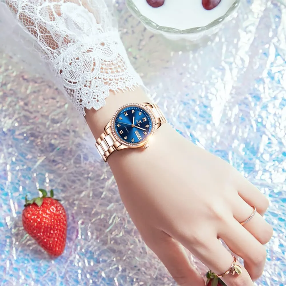 Steel Ceramic Bracelet Heart Diamond Fashion Luxury Ceramic Band Luminous Waterproof?? OLEVS Watch for Women lid goods ramble expertly Automatic Self Winding Mechanical Ladies Wrist Watch Big face Two Tone Stainless 