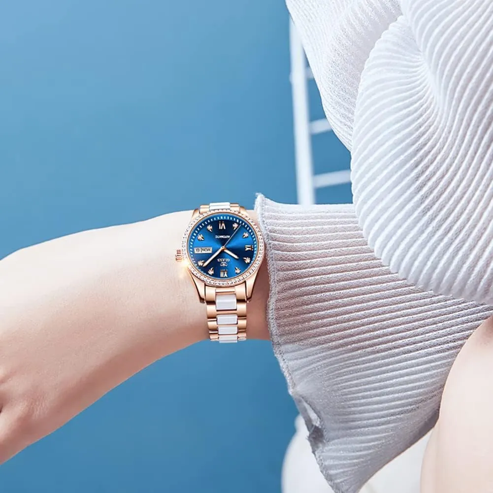 Steel Ceramic Bracelet Heart Diamond Fashion Luxury Ceramic Band Luminous Waterproof?? OLEVS Watch for Women lid goods ramble expertly Automatic Self Winding Mechanical Ladies Wrist Watch Big face Two Tone Stainless 