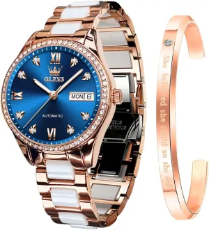 Steel Ceramic Bracelet Heart Diamond Fashion Luxury Ceramic Band Luminous Waterproof?? OLEVS Watch for Women lid goods ramble expertly Automatic Self Winding Mechanical Ladies Wrist Watch Big face Two Tone Stainless 
