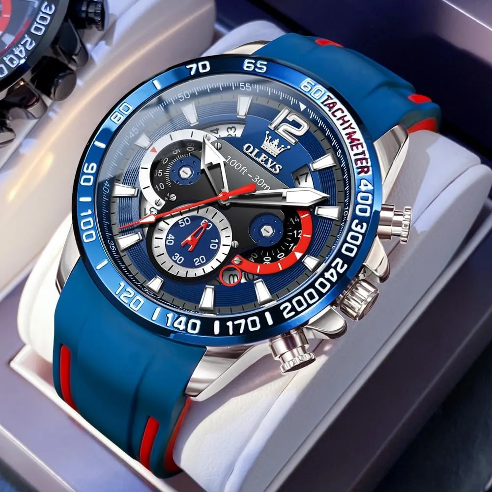 Steel Chronograph Watch,Waterproof Date reluctant acidic chloride severely Dress Watch for Man,Large Face Male Watch OLEVS Stylish Wrist Watch for Men,Silicone Strap Men Watches,Pro Diver Stainless 