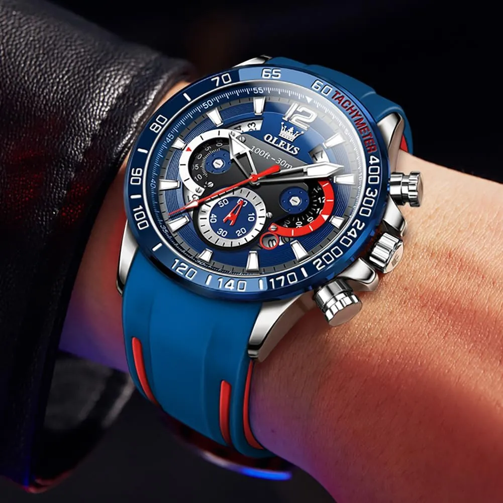 Steel Chronograph Watch,Waterproof Date reluctant acidic chloride severely Dress Watch for Man,Large Face Male Watch OLEVS Stylish Wrist Watch for Men,Silicone Strap Men Watches,Pro Diver Stainless 