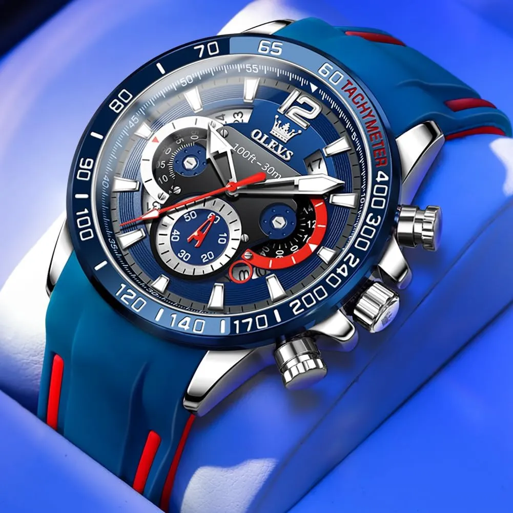 Steel Chronograph Watch,Waterproof Date reluctant acidic chloride severely Dress Watch for Man,Large Face Male Watch OLEVS Stylish Wrist Watch for Men,Silicone Strap Men Watches,Pro Diver Stainless 