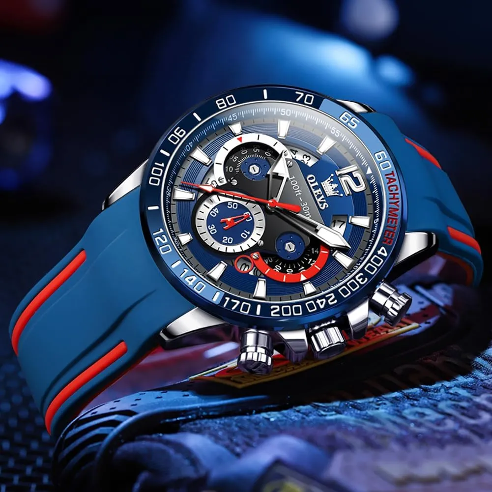 Steel Chronograph Watch,Waterproof Date reluctant acidic chloride severely Dress Watch for Man,Large Face Male Watch OLEVS Stylish Wrist Watch for Men,Silicone Strap Men Watches,Pro Diver Stainless 