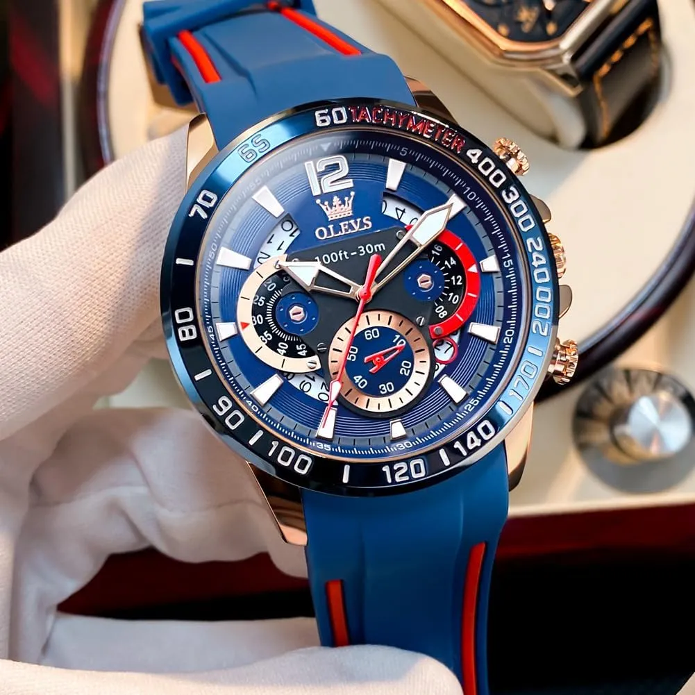 Steel Chronograph Watch,Waterproof Date reluctant acidic chloride severely Dress Watch for Man,Large Face Male Watch OLEVS Stylish Wrist Watch for Men,Silicone Strap Men Watches,Pro Diver Stainless 