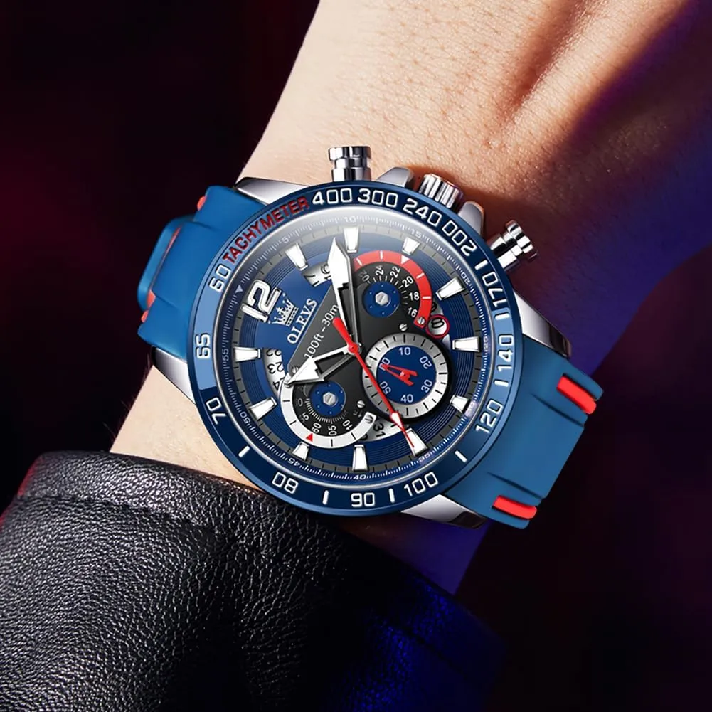 Steel Chronograph Watch,Waterproof Date reluctant acidic chloride severely Dress Watch for Man,Large Face Male Watch OLEVS Stylish Wrist Watch for Men,Silicone Strap Men Watches,Pro Diver Stainless 