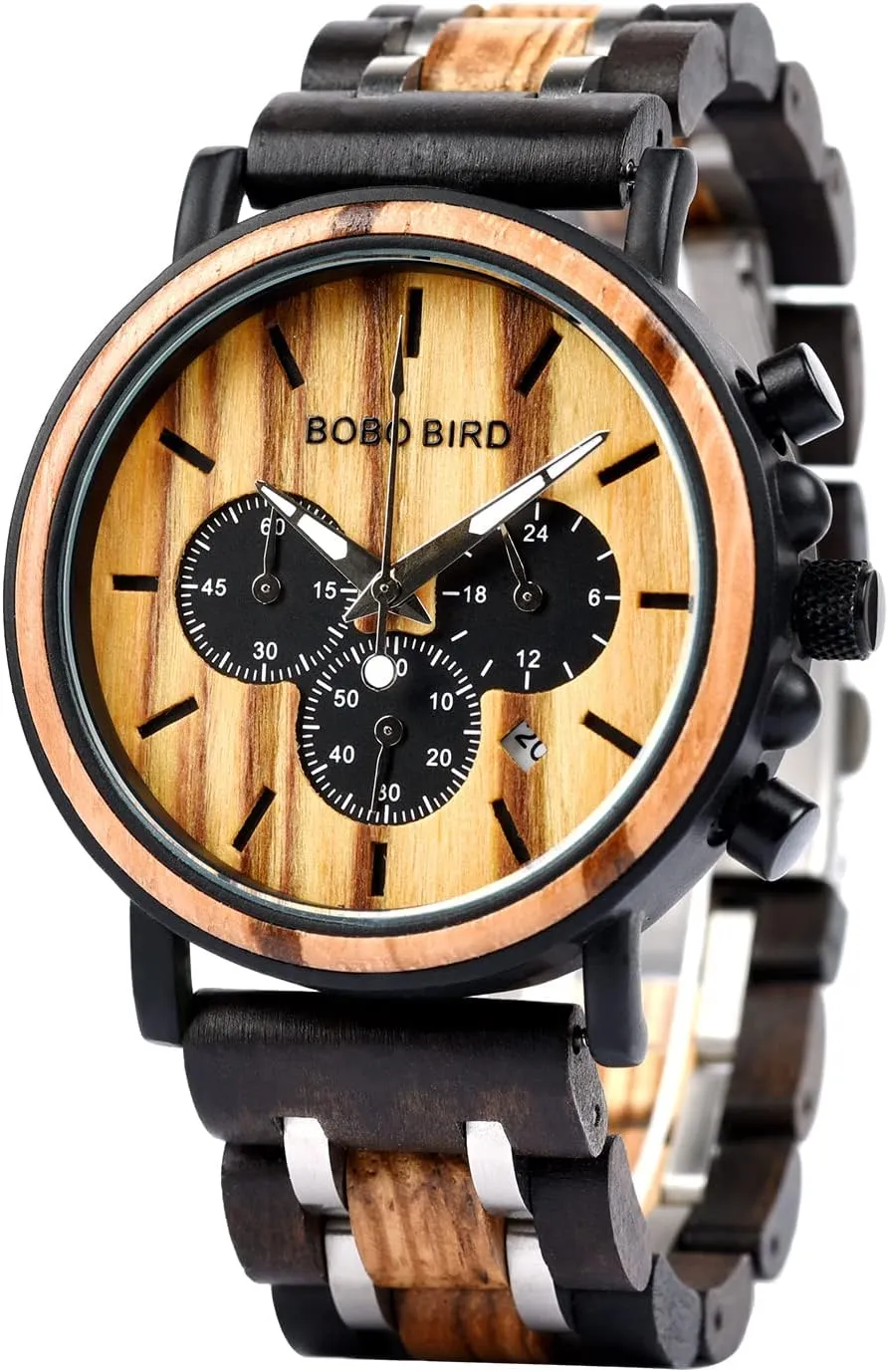 Steel Combined Chronograph BOBO BIRD Mens Wooden seepage catalyst edge chronological odd proper Watches Business Casual Wristwatches Stylish Ebony Wood & Stainless 