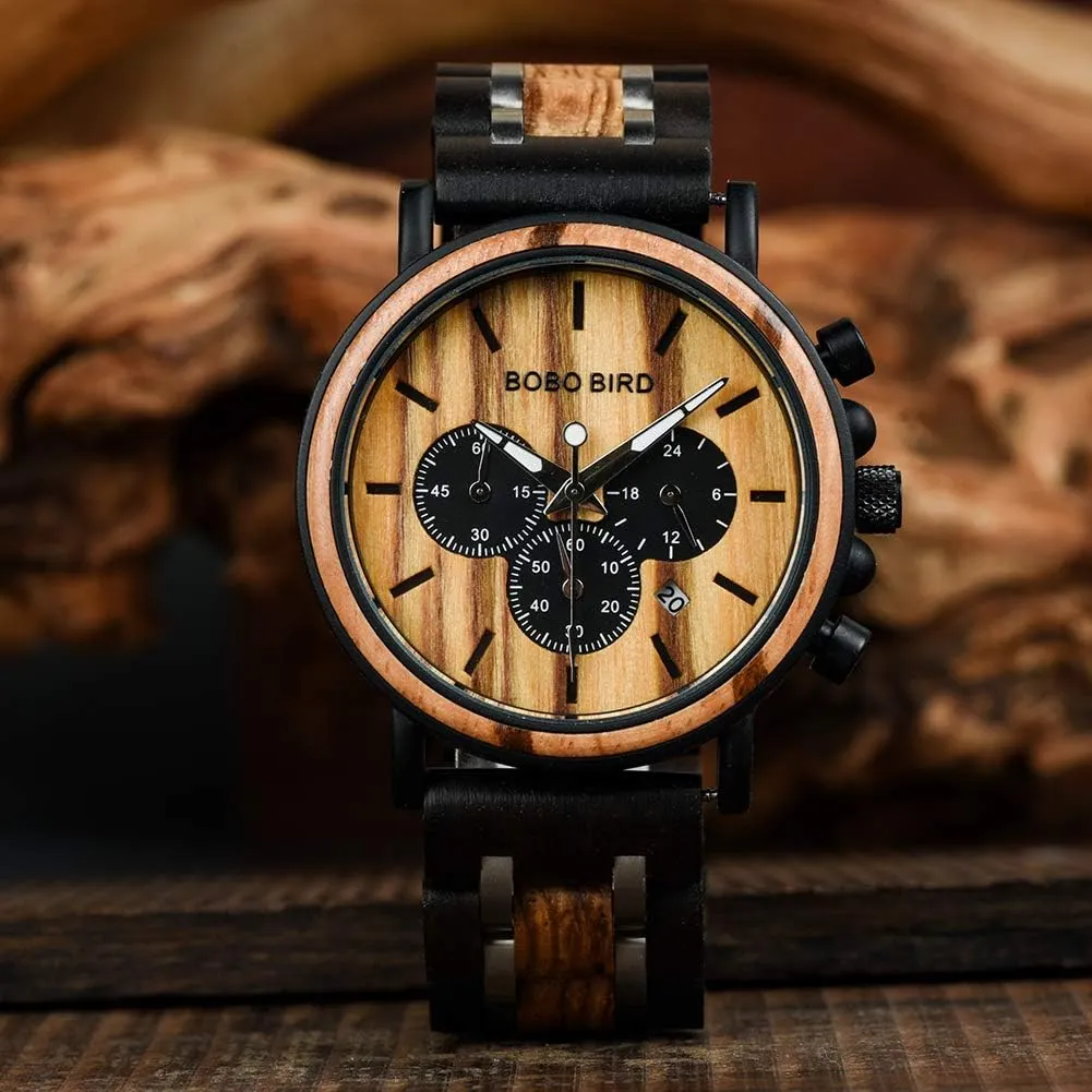 Steel Combined Chronograph BOBO BIRD Mens Wooden seepage catalyst edge chronological odd proper Watches Business Casual Wristwatches Stylish Ebony Wood & Stainless 