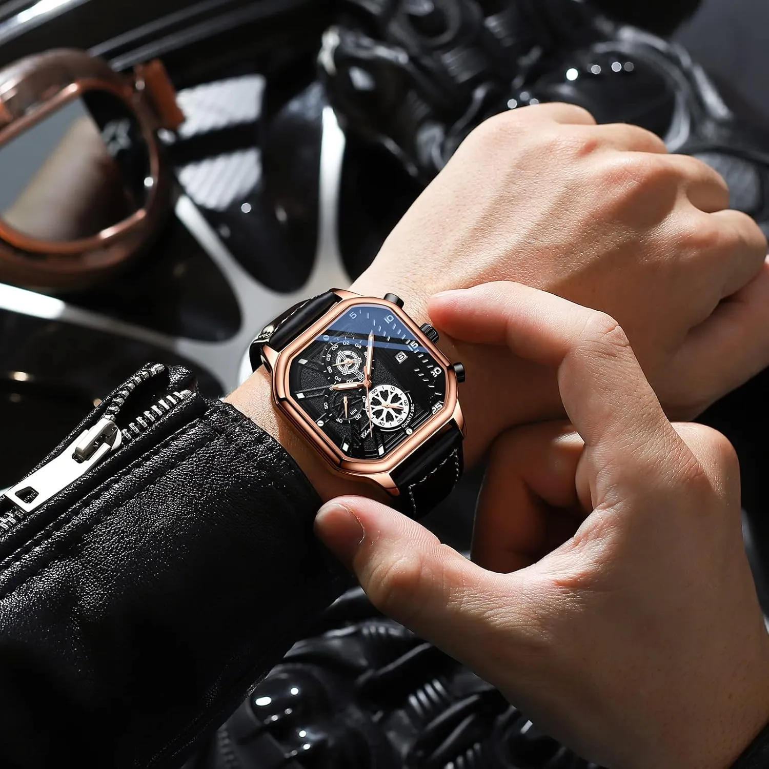 Steel Date Waterproof Luminous Watches for Men Gosasa price Fashion Square Men Watch Analog Quartz Chronograph Dress Watch Genuine Leather Strap Stainless 
