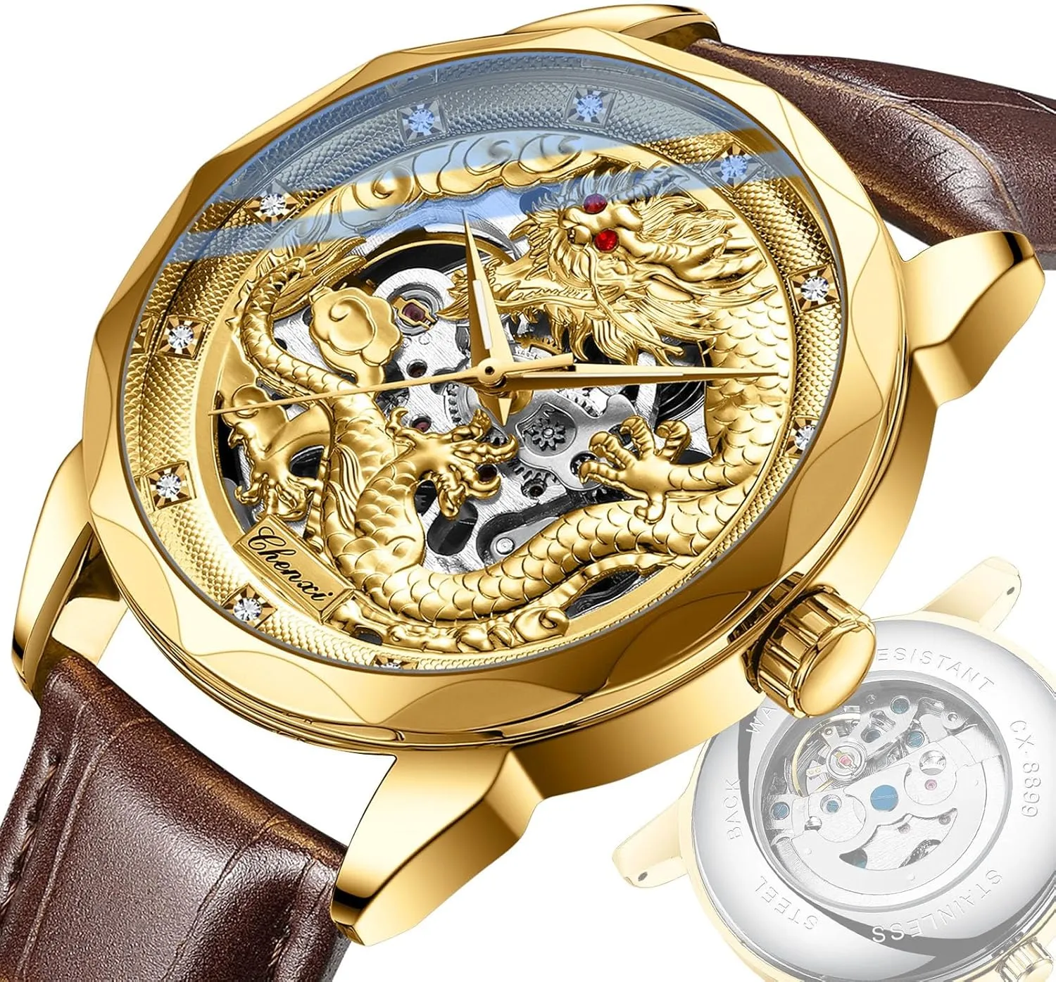 Steel Or Leather Casual Watches for Men Men's agrarian graduate leaky workable Automatic Mechanical Watches Hollow Out Stainless 