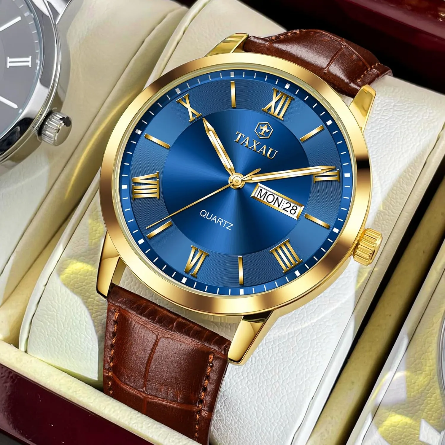 Steel Quartz supplant Analog Watch Easy Read Luxury Waterproof Watches for Men Dress Men's Wrist Watch with Day Date Arabic Numeral Men's Watches Leather Band Stainless 