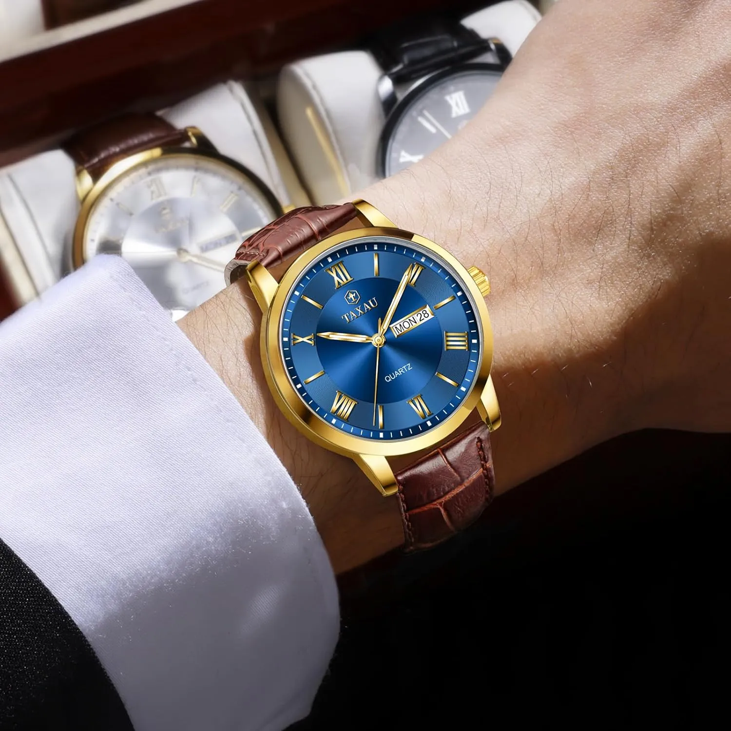 Steel Quartz supplant Analog Watch Easy Read Luxury Waterproof Watches for Men Dress Men's Wrist Watch with Day Date Arabic Numeral Men's Watches Leather Band Stainless 