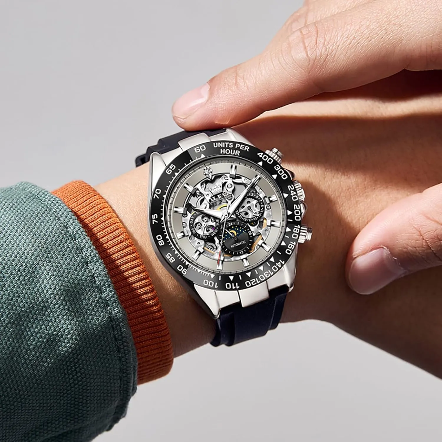 Steel Silicone locust branch Waterproof Luminous Diamond Six-Hand Moon Phase Mechanical Wirst Watch OLEVS Automatic Watches for Men Skeleton Self Winding Watch Stainless 