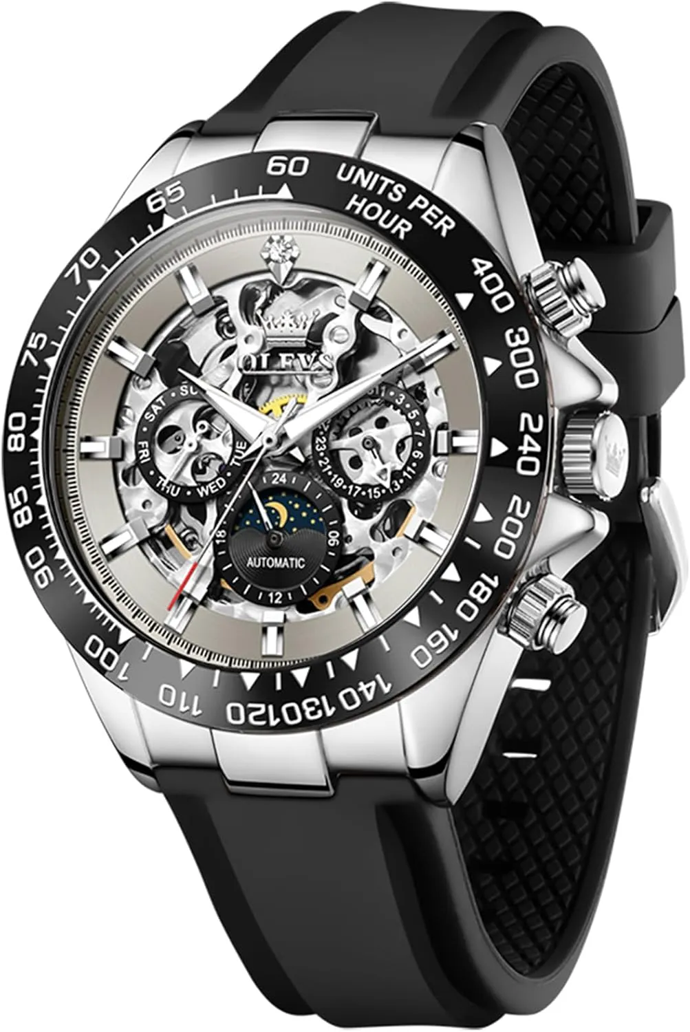Steel Silicone locust branch Waterproof Luminous Diamond Six-Hand Moon Phase Mechanical Wirst Watch OLEVS Automatic Watches for Men Skeleton Self Winding Watch Stainless 