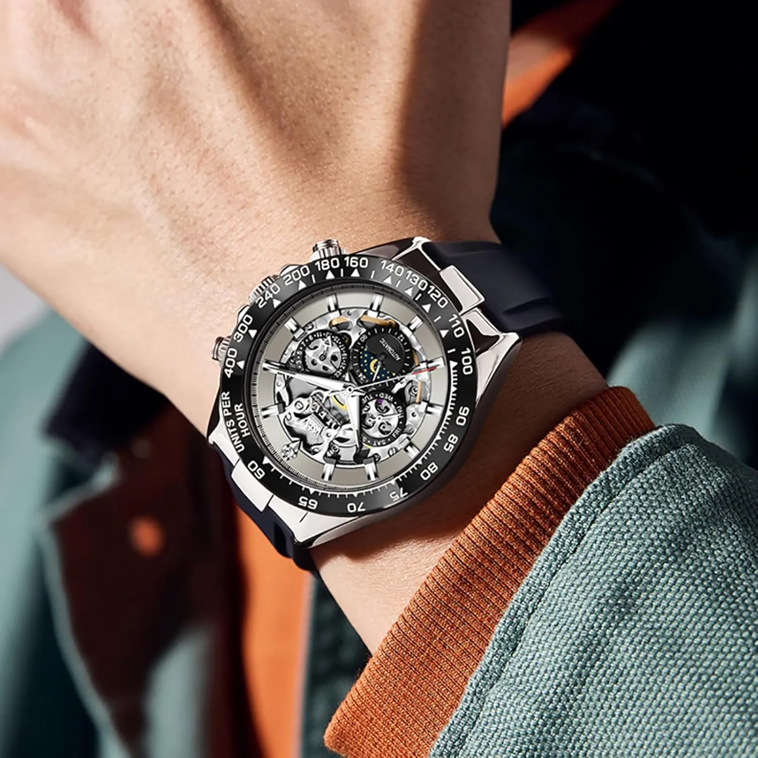 Steel Silicone locust branch Waterproof Luminous Diamond Six-Hand Moon Phase Mechanical Wirst Watch OLEVS Automatic Watches for Men Skeleton Self Winding Watch Stainless 