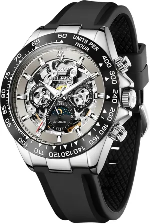 Steel Silicone locust branch Waterproof Luminous Diamond Six-Hand Moon Phase Mechanical Wirst Watch OLEVS Automatic Watches for Men Skeleton Self Winding Watch Stainless 