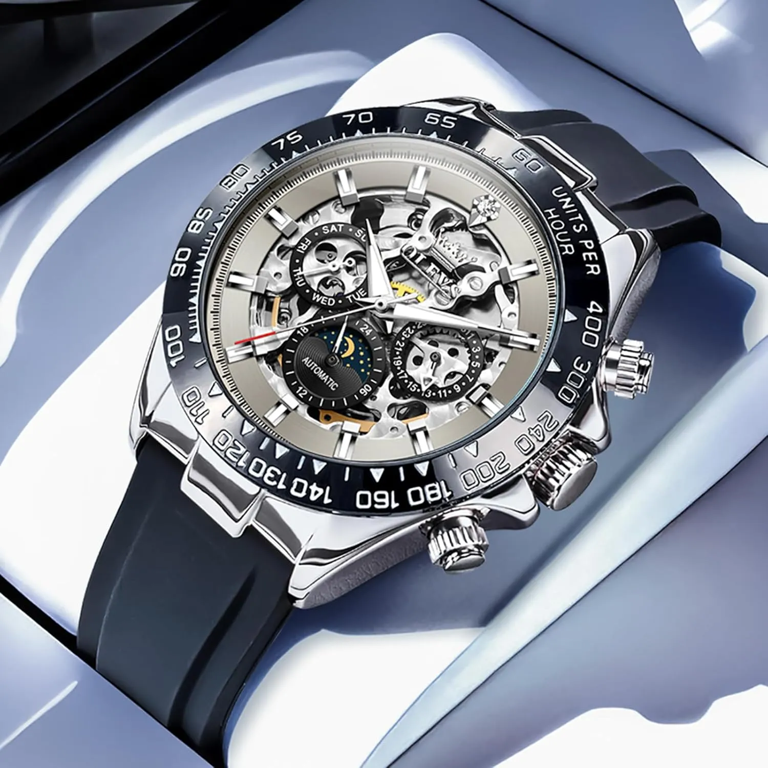Steel Silicone locust branch Waterproof Luminous Diamond Six-Hand Moon Phase Mechanical Wirst Watch OLEVS Automatic Watches for Men Skeleton Self Winding Watch Stainless 