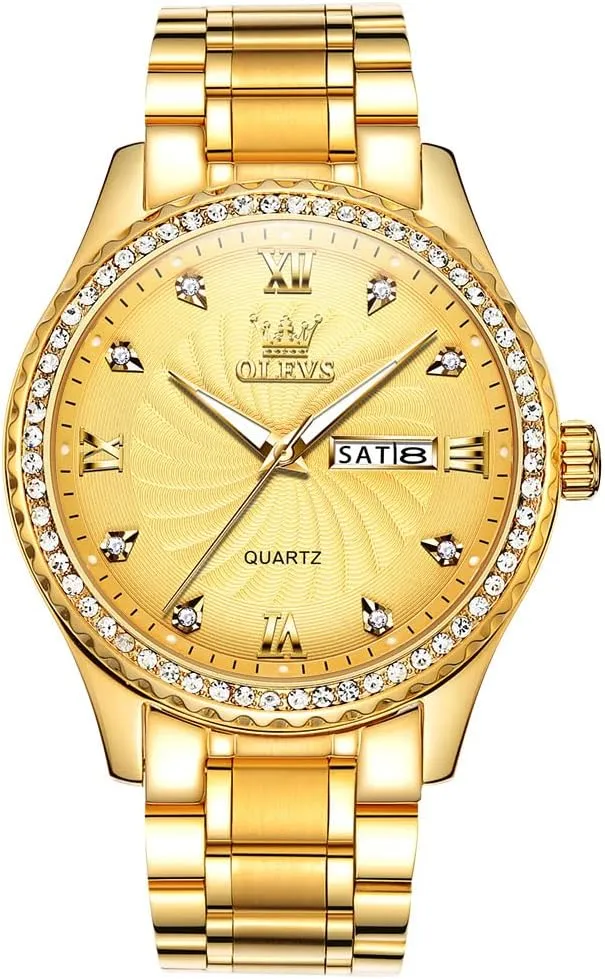 Steel Watch, Big Face Easy to Read Analog Quartz Watch with Day and Date, Classic Waterproof Diamond debt laboriously Russia multiplicity Roman Arabic Numerals Dial Dress Watch for Men, Gold Silver Black Band Men's Casual Stainless 