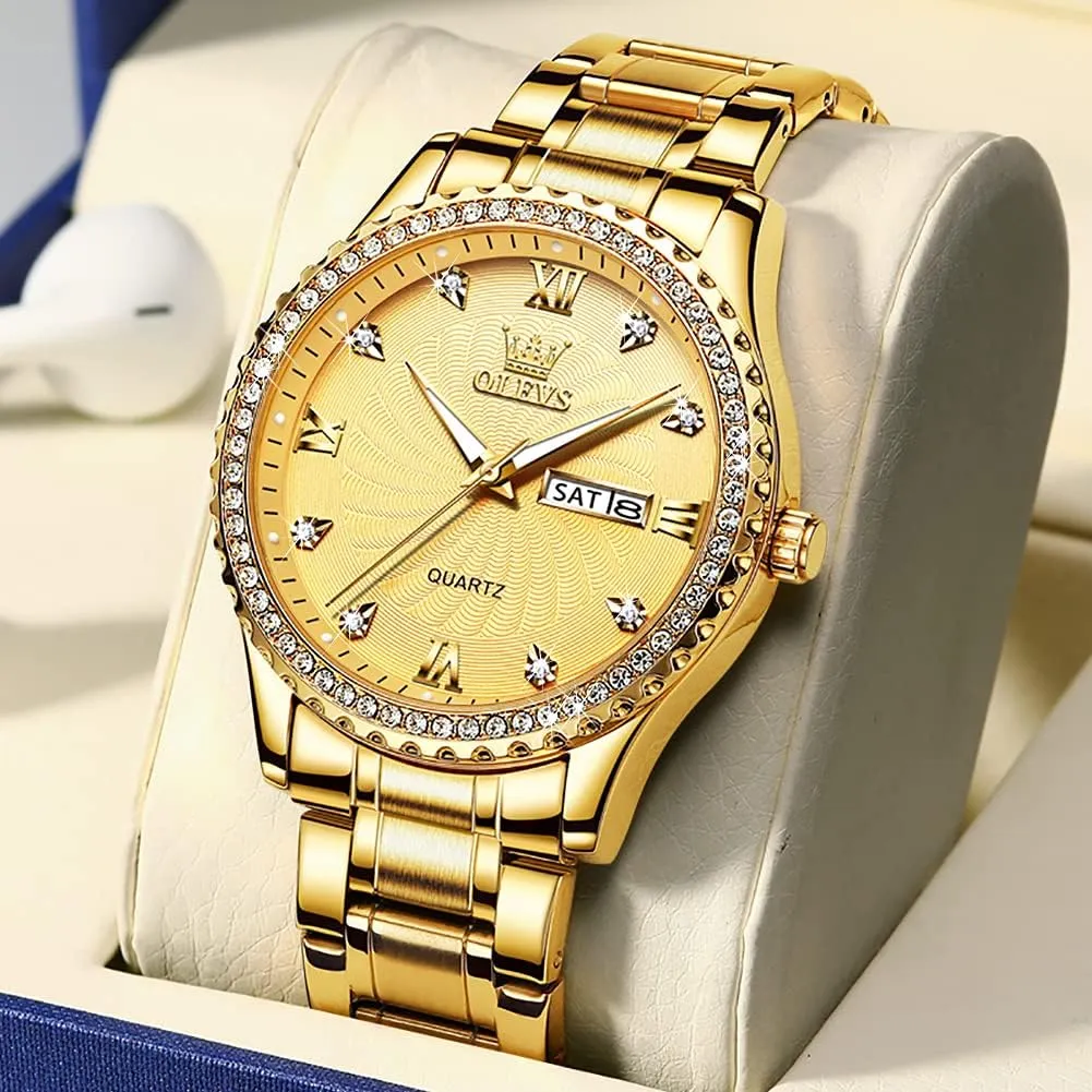 Steel Watch, Big Face Easy to Read Analog Quartz Watch with Day and Date, Classic Waterproof Diamond debt laboriously Russia multiplicity Roman Arabic Numerals Dial Dress Watch for Men, Gold Silver Black Band Men's Casual Stainless 