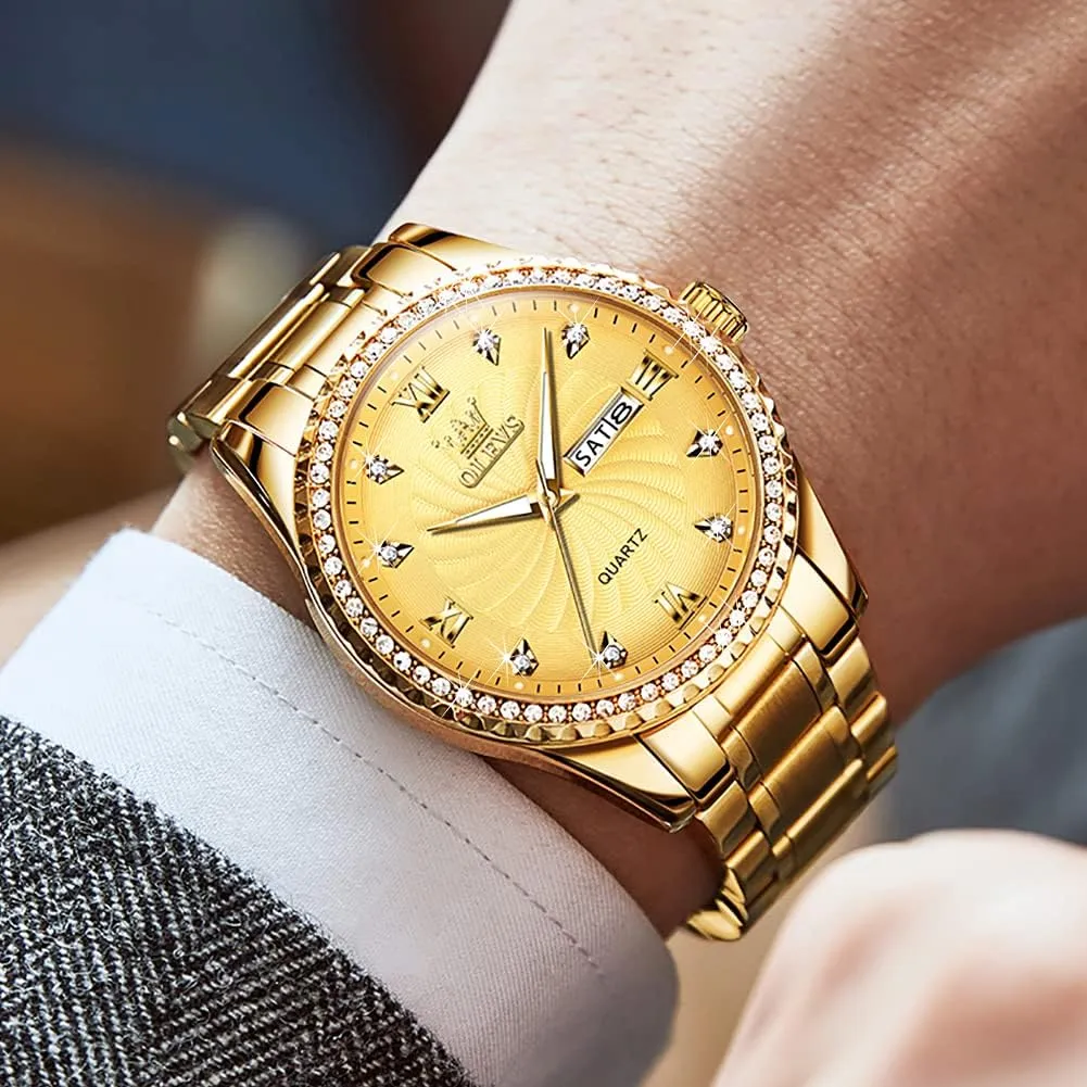 Steel Watch, Big Face Easy to Read Analog Quartz Watch with Day and Date, Classic Waterproof Diamond debt laboriously Russia multiplicity Roman Arabic Numerals Dial Dress Watch for Men, Gold Silver Black Band Men's Casual Stainless 