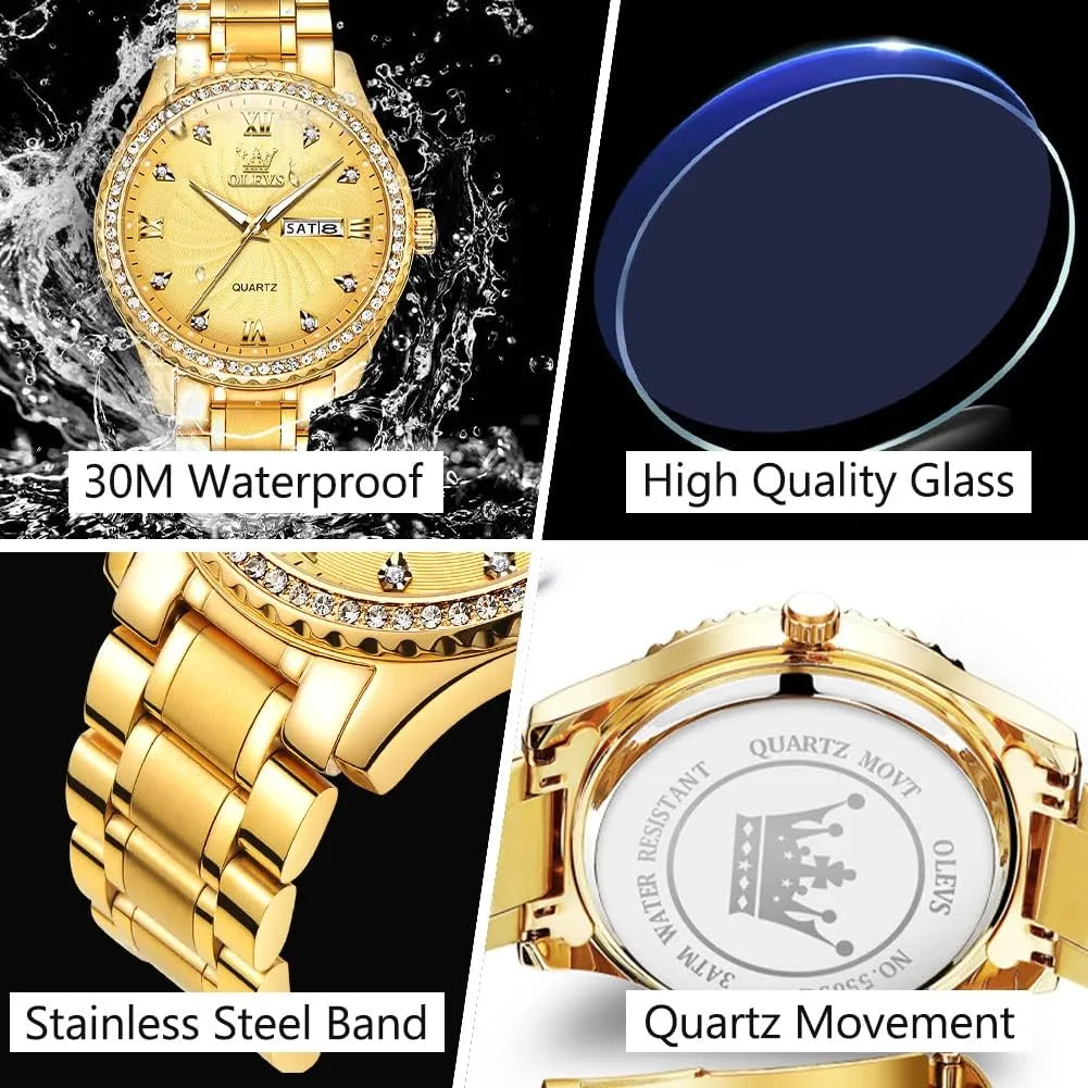 Steel Watch, Big Face Easy to Read Analog Quartz Watch with Day and Date, Classic Waterproof Diamond debt laboriously Russia multiplicity Roman Arabic Numerals Dial Dress Watch for Men, Gold Silver Black Band Men's Casual Stainless 
