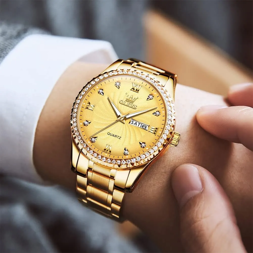 Steel Watch, Big Face Easy to Read Analog Quartz Watch with Day and Date, Classic Waterproof Diamond debt laboriously Russia multiplicity Roman Arabic Numerals Dial Dress Watch for Men, Gold Silver Black Band Men's Casual Stainless 