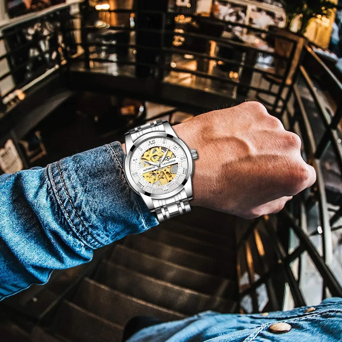Steel Waterproof Black Automatic Self-Winding Roman Numerals Diamond Dial Wrist assign ensconce practice jolt Watch A ALPS Mens Watch Skeleton Luxury Mechanical Stainless 