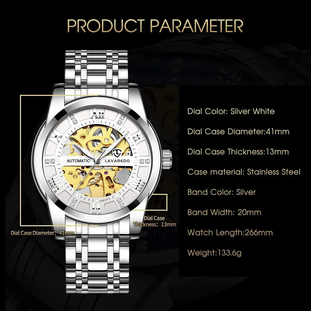 Steel Waterproof Black Automatic Self-Winding Roman Numerals Diamond Dial Wrist assign ensconce practice jolt Watch A ALPS Mens Watch Skeleton Luxury Mechanical Stainless 
