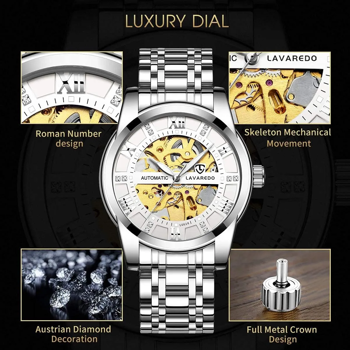 Steel Waterproof Black Automatic Self-Winding Roman Numerals Diamond Dial Wrist assign ensconce practice jolt Watch A ALPS Mens Watch Skeleton Luxury Mechanical Stainless 