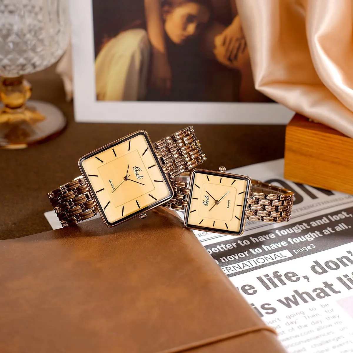 Steel Waterproof Fashion Wristwatch catechism Present for His and Hers FANMIS Vintage Couple Watches Men and Women Matching Watch Square Gold Silver Plated Bracelet Quartz Watch Dress Stainless 