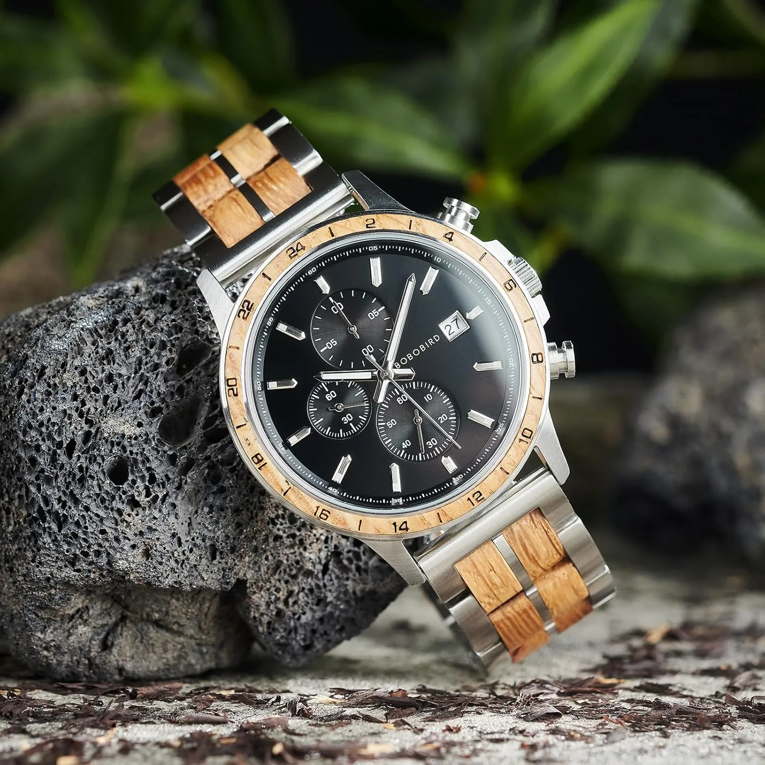 Steel Wood Strap, Japanese Quartz Movement, Multi-Functional Chronograph Watch radioactive smoke heritage transaction for Business BOBO BIRD Men's Wooden Watch with Stainless 